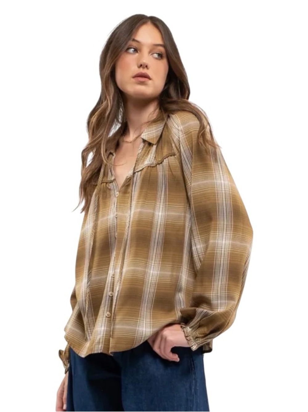Blu Pepper Plaid Button-Down smocked peasant casual Shirt Tan Cream size small
